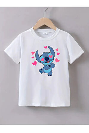 Pamuk Penye Kız Çocuk Baskılı Tshirt 5 6 7 8 9 10 11 12 13 14 yaş Lilo Stitch