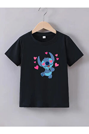 Pamuk Penye Kız Çocuk Baskılı Tshirt 5 6 7 8 9 10 11 12 13 14 yaş Lilo Stitch