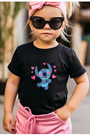 Pamuk Penye Kız Çocuk Baskılı Tshirt 5 6 7 8 9 10 11 12 13 14 yaş Lilo Stitch