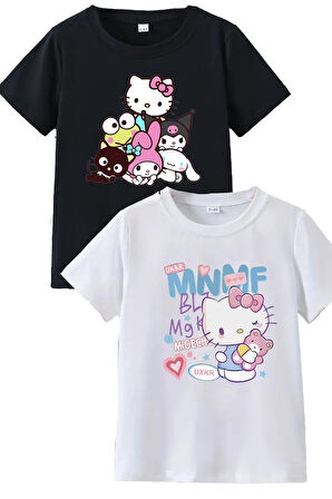 2li Kaliteli Pamuk Penye Kız Çocuk Baskılı Tshirt 5 6 7 8 9 10 11 12 13 14 yaş Hello Kitty