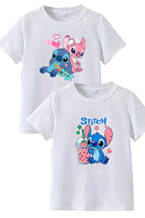 2li Kaliteli Pamuk Penye Kız Çocuk Baskılı Tshirt 5 6 7 8 9 10 11 12 13 14 yaş Lilo