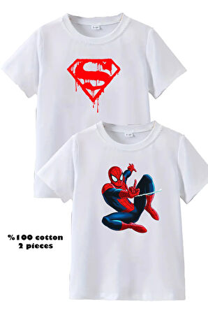 2li Kaliteli Pamuk Penye Erkek Çocuk Baskılı Tshirt 5 6 7 8 9 10 11 12 13 14 Yaş Örümcekadam Batman