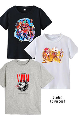 3lü Pamuk Erkek Çocuk Futbol Baskılı Tshirt Tişört 5 6 7 8 9 10 11 12 13 14 yaş