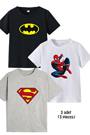 3lü Kaliteli Pamuk Penye Erkek Kız  Çocuk Baskılı Tshirt 5 6 7 8 9 10 11 12 13 14 yaş Kahramanlar