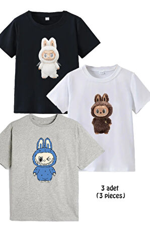 3lü Pamuk Penye Kız Erkek Unisex Çocuk Baskılı Tshirt Tişört 5 6 7 8 9 10 11 12 13 14 yaş Labubu