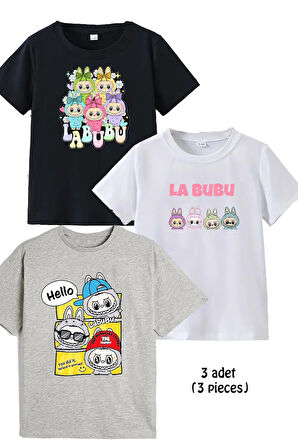 3lü Pamuk Penye Kız Erkek Unisex Çocuk Baskılı Tshirt Tişört 5 6 7 8 9 10 11 12 13 14 yaş Labubu