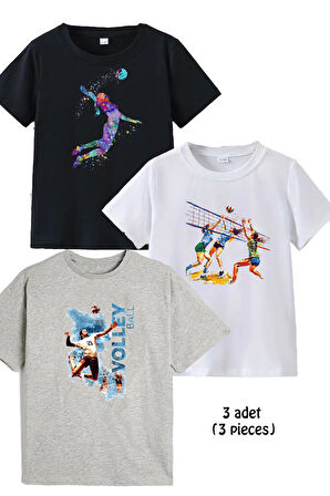 3lü Pamuk Penye Kız Çocuk Baskılı Tshirt Tişört 5 6 7 8 9 10 11 12 13 14 yaş Voleybol