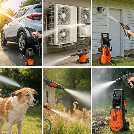 1100W Yüksek Basınçlı Yıkama Makinesi – 8m Hortum, Köpük Tankı, Çok Amaçlı Temizlik Seti