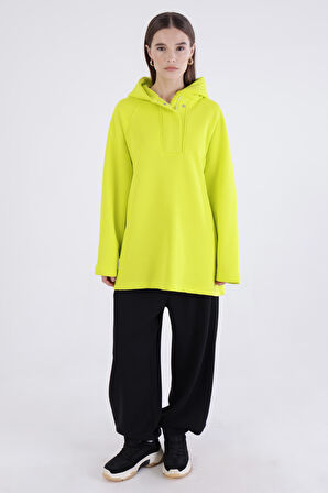 Neon Sarı Oversize Kapüşonlu Şardonlu Sweatshirt