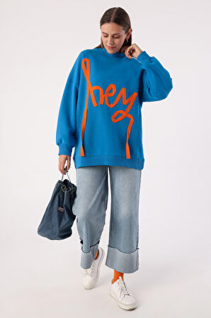 Mavi Oversize Şardonlu Şerit Detaylı Sweatshirt