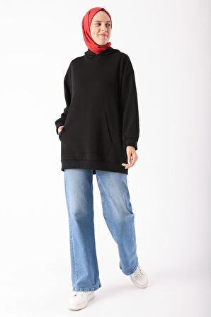 Siyah Kanguru Cepli Oversize Sweatshirt