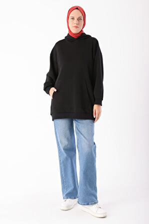 Siyah Kanguru Cepli Oversize Sweatshirt