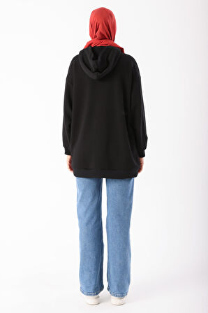 Siyah Kanguru Cepli Oversize Sweatshirt