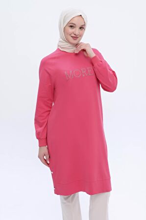 Pembe Pamuklu Nakışlı Sweat Tunik