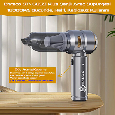 Enraco ST-6659 Plus 16000pa Güçlü Portatif Taşınabilir Vakumlu Kablosuz Üflemeli Araç Süpürgesi