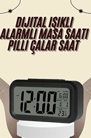 Dijital Masa Saati Termometreli Takvim Çalar Saat Led Ekran Pilli