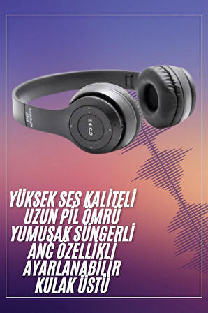 Bluetooth Kablosuz Kulaklık Siyah Wireless 5.0 Kulak Üstü Uzun Pil Ömrü