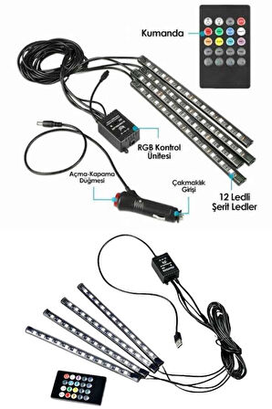 Araç İçi Ayak Altı Led 12 Led Işık Sese Müziğe Duyarlı RGB Işıklı Aydınlatma Seti
