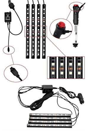 RGB Işıklı Araç İçi Aydınlatma Kumandalı 12'li Led Işık Renk Değiştirebilen