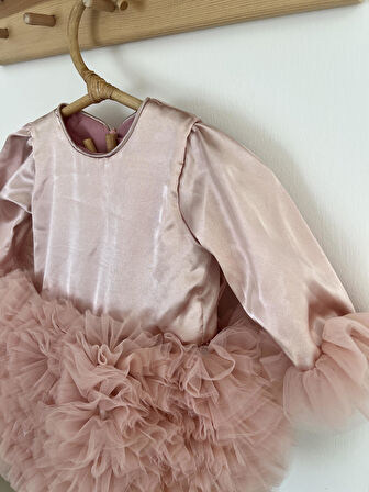 Kız Bebek Çocuk Elbise Uzun Kollu Tüllü Tütü Özel Gün Parti Doğum Günü Prenses Saten Abiye Elbise