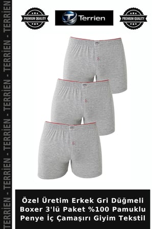 Özel Üretim Erkek Gri Düğmeli Boxer 3'lü Paket %100 Pamuklu Penye İç Çamaşırı Giyim Tekstil