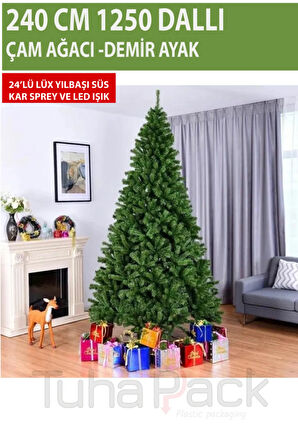 Premium  Yılbaşı Çam Ağacı 240 cm 1250 Dallı Süsler Dahil