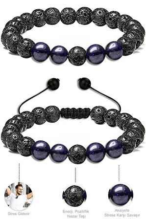 Sertifikalı Doğal Volkanik Lav Mavi Yıldız Taşı Bileklik Seti