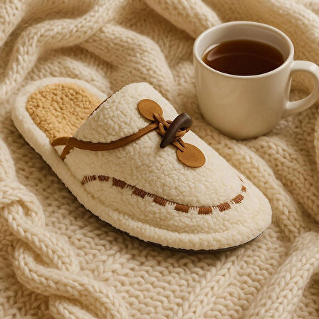 Kadın Kışlık Düğmeli Içi Havlulu Rahat Kaymaz Tüylü Ev Terliği