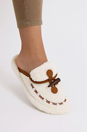 Kadın Kışlık Düğmeli Içi Havlulu Rahat Kaymaz Tüylü Ev Terliği