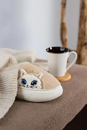 Kadın Sevimli Kedi Figürlü Desen Peluş Hafif Kaymaz Eva Taban Kışlık Yıkanabilir Terlik