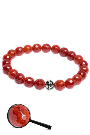 Sertifikalı Gümüş Aparatlı Fasetli Doğal Kızıl Yemen Akik Taşı Bileklik