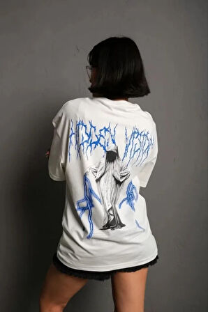 35 AVM Unisex Bisiklet Yaka Baskılı Oversize T-Shirt - Beyaz