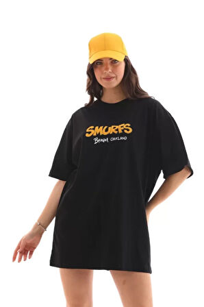 35 AVM Unisex Bisiklet Yaka Baskılı Oversize T-Shirt - Siyah