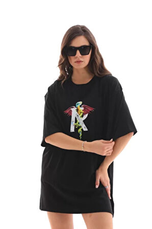35 AVM Unisex Bisiklet Yaka Baskılı Oversize T-Shirt - Siyah