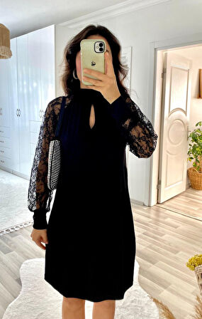 35 AVM Kadın Uzun Kollu Tül Detay Sandy Mini Boy Elbise