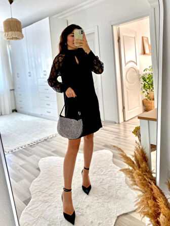 35 AVM Kadın Uzun Kollu Tül Detay Sandy Mini Boy Elbise