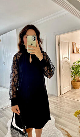 35 AVM Kadın Uzun Kollu Tül Detay Sandy Mini Boy Elbise