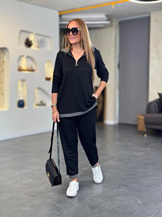 35 AVM Kadın Uzun Kollu Ribana Ve Fermuar Detay Bluz Ve Yüksel Bel Pantolon 2li Takım