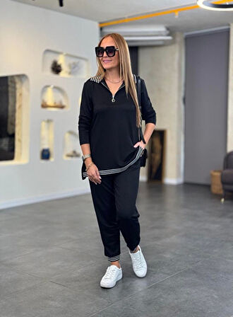 35 AVM Kadın Uzun Kollu Ribana Ve Fermuar Detay Bluz Ve Yüksel Bel Pantolon 2li Takım