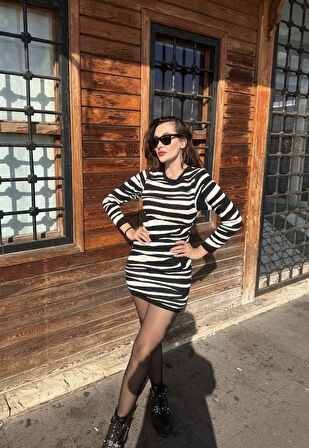 35 AVM Kadın Uzun Kollu Siyah Beyaz Zebra Desen Triko Elbise