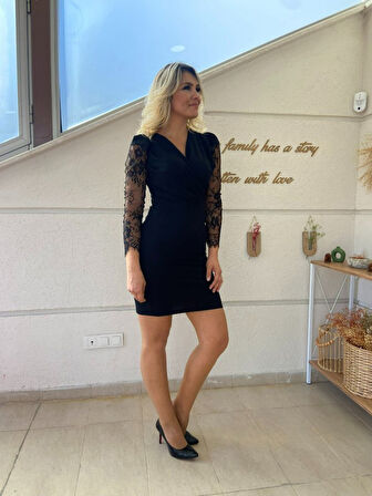 35 AVM Kadın Uzun Kollu Kruvaze Yaka Kollar Tül Detay Krep Mini Boy Elbise