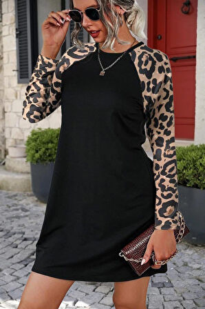 35 AVM Kadın Uzun Kollu Bisiklet Yaka Kollar Leopar Detay Krep Mini Boy Elbise