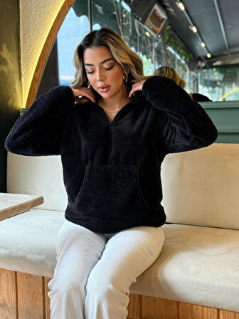 35 AVM Kadın Uzun Kollu önden Fermuarlı Cepli Peluş Sweat