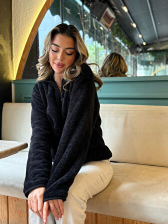 35 AVM Kadın Uzun Kollu önden Fermuarlı Cepli Peluş Sweat