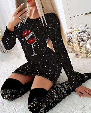35 AVM Kadın Uzun Kollu Taş Kadeh Baskı Mikro Mini Boy Elbise