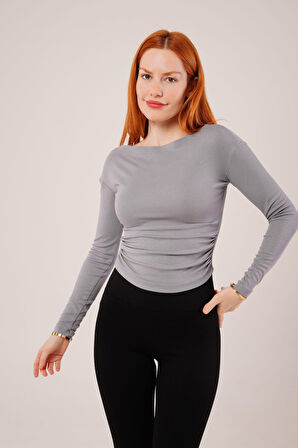 35 AVM Yaka Detay Uzun Kollu Basic Gri Bluz