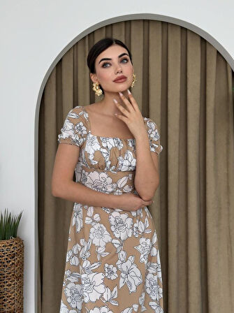 35 AVM Kare Yaka Çiçekli Elbise