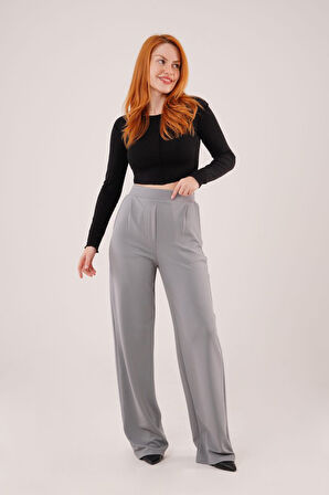 35 AVM Yüksek Bel Bol Paça Krep Gri Pantolon