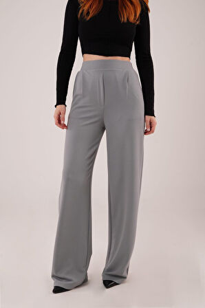 35 AVM Yüksek Bel Bol Paça Krep Gri Pantolon