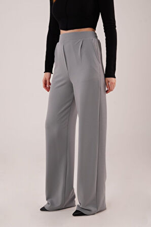 35 AVM Yüksek Bel Bol Paça Krep Gri Pantolon